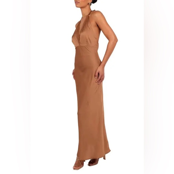 Petal & Pup Brown Kalina Lace Trim Halter Satin Maxi Dress Size S 4-6 - Picture 2 of 10